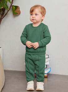 SHEIN Leap Crew 男婴针织休闲圆领长袖运动衫和长裤两件套，中等厚度 - 綠色 - 查看 9