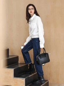 DAZY Camisa unicolor con botón delantero con parche de bolsillo - Blanco - Ver 8