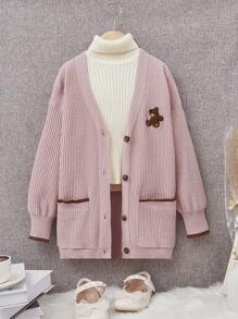 SHEIN Cô gái Tween 1 Miếng Thêu Gấu Túi Kép Thả vai Áo len Mở - Hồng - Xem 1