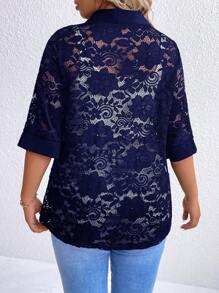 SHEIN LUNE Talla grande Blazer con parte delantera abierta con encaje - Azul Marino - Ver 2