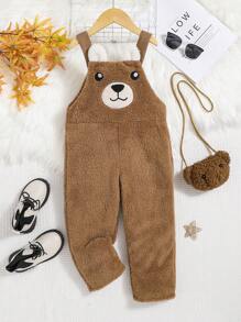 SHEIN 女小童卡通刺繡3D耳朵設計絨毛背帶連身褲不帶T恤 - 棕色 - 查看 7