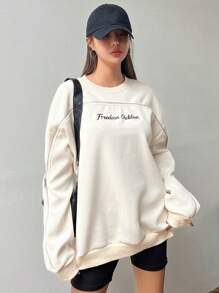 DAZY Letter Graphic Top-Stitching Drop Shoulder Sweatshirt,Fall Clothes - Beige - View 2