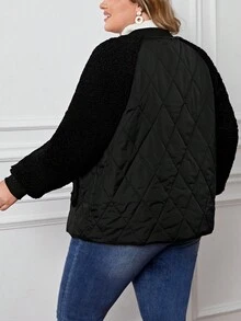 SHEIN LUNE Plus Contrast Teddy Raglan Sleeve Quilted Coat - Black - View 2