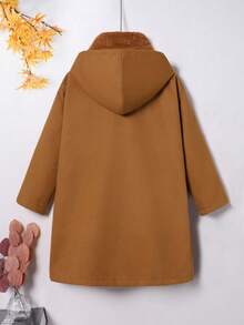 SHEIN 男大童雙口袋前紐扣連帽花呢外套帶圍巾 - 駝色 - 查看 2