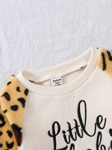 Baby Girl Letter Graphic Raglan Sleeve Sweatshirt & Leopard Print Skirt - Multicolor - View 4