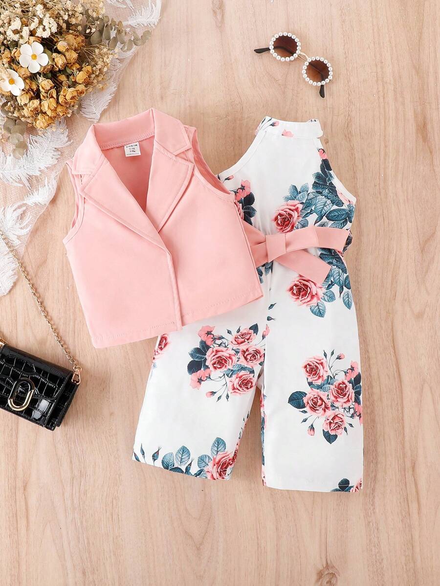 Baby Girl Solid Vest Jacket & Floral Print Belted Jumpsuit