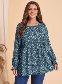 EMERY ROSE 大碼碎花喇叭袖荷葉邊下擺襯衫 - 藏蓝色 - 查看 1