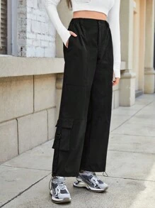 In My Nature Letter Patched Detail Flap Pocket Drawstring Hem Cargo Outdoor Pants - Black - View 6