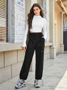 In My Nature Letter Patched Detail Flap Pocket Drawstring Hem Cargo Outdoor Pants - Black - View 5