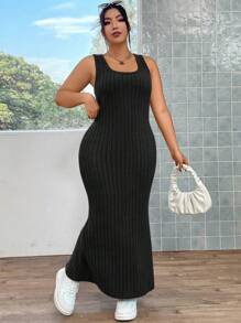 SHEIN MOOSTA Đầm Maxi Phối Ren Viền Đuôi Cá Dệt Kim Có Gân Plus Trang Phục Cho Nữ - màu đen - Xem 7
