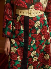 Frida Kahlo X SHEIN X Designer PANUCO Floral Print Split Hem Belted Skirt