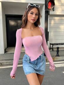 SHEIN EZwear 素色不對稱下擺短款T恤 - 粉色 - 查看 6