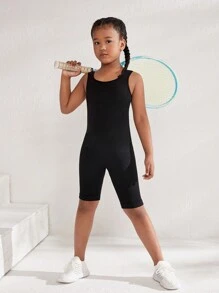 SHEIN 女大童素色大圓領活躍彈力緊身連體短褲 - 黑色 - 查看 4