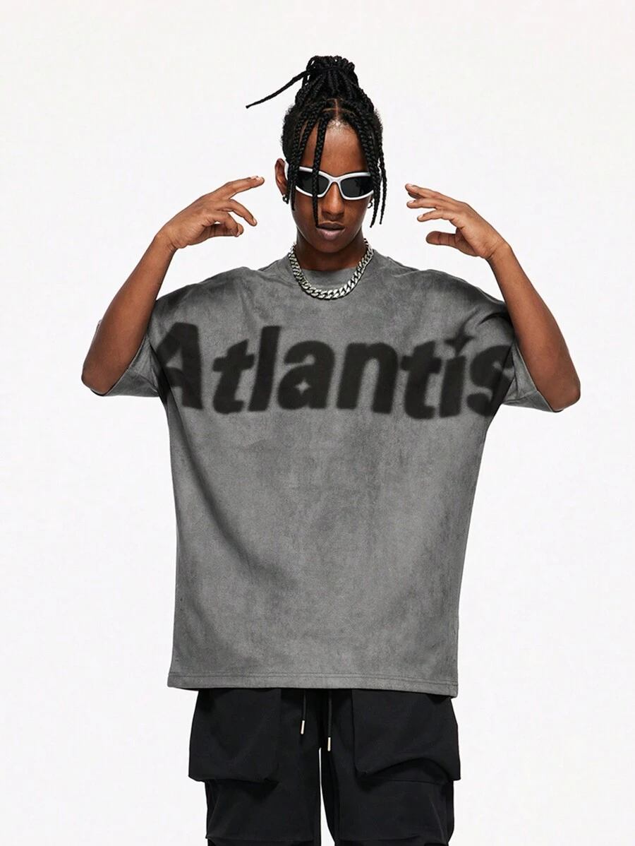 INFLATION Men Letter Graphic Drop Shoulder Tee, Emo, Fall - Dark Grey - View 1