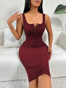 VaVaBold 半扣罗纹针织修身连衣裙 酒红色长款女装 - 酒紅色 - 查看 3