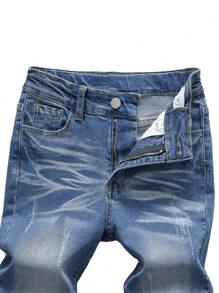 SHEIN Explorewe TWEEN BOY All-Match Casual Modern Street College Style Whisker Craft Elastic Jeans With Adjustable Drawstring Waistband & 5 Pockets, Year-Round Essential Fashionable Denim Item Summer Holiday