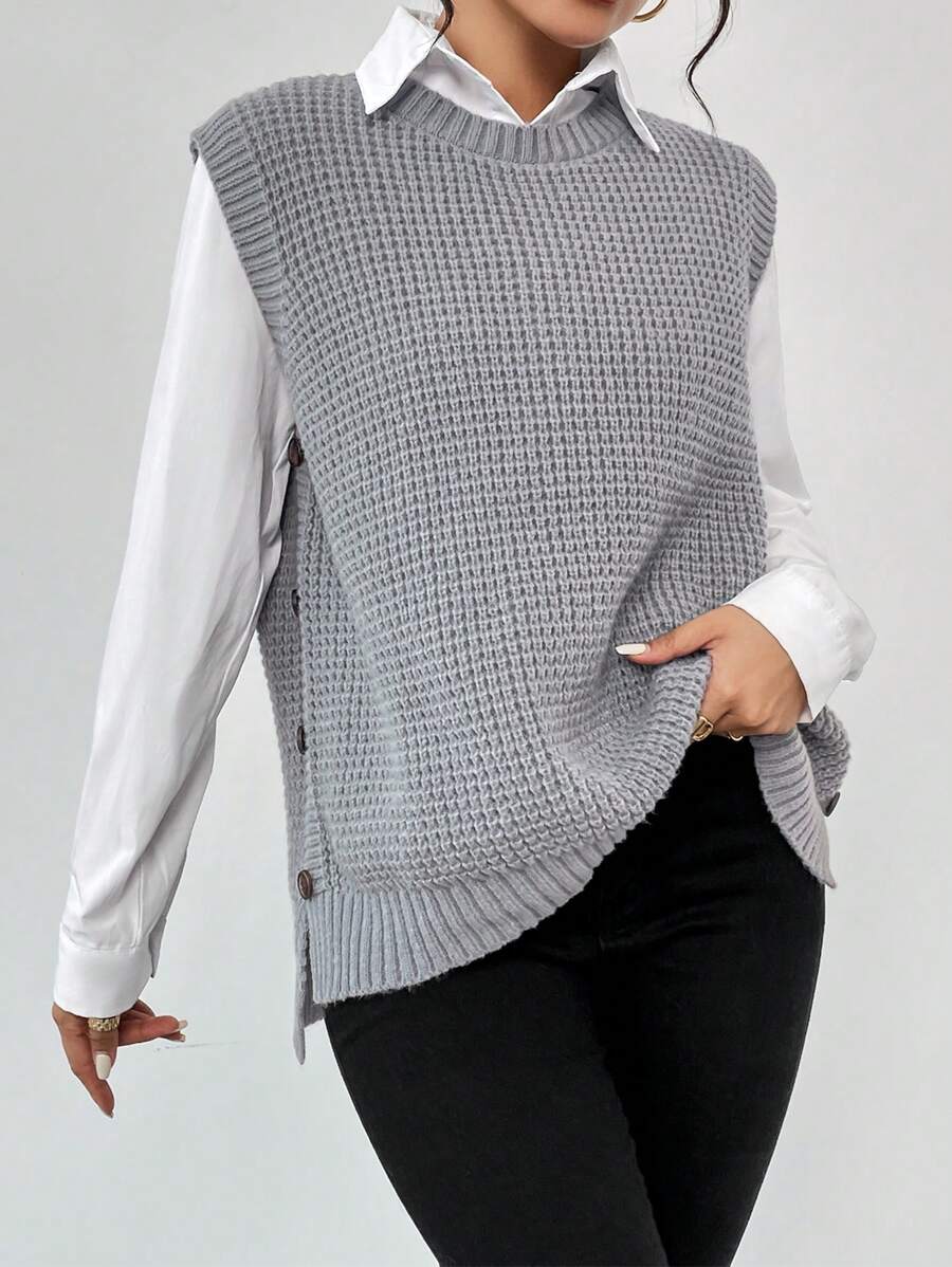 SHEIN Essnce Chất rắn Bên cạnh nút Áo len vest Không có áo lót - Xám - Xem 1