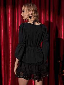 SHEIN Unity Halloween Square Neck Flare Sleeve Peplum Blouse - Black - View 2