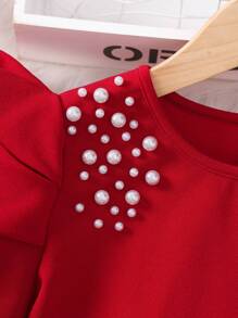 SHEIN Leap Crew Tween Girls' Pearl Decorated Puff Sleeve Crew Neck Pullover T-Shirt - Red - View 4