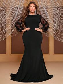 YISIKADO Plus Tương phản lưới đèn lồng tay áo đầm dự tiệc nàng tiên cá - màu đen - Xem 3