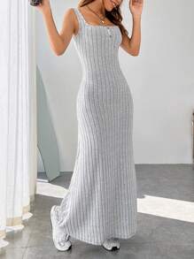 SHEIN EZwear Solid Ribbed Knit Cami Dress - Light Grey - View 5