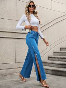 SHEIN Essnce Quần jean nữ Túi Dây kéo Nút màu trơn - Màu xanh lam - Xem 4