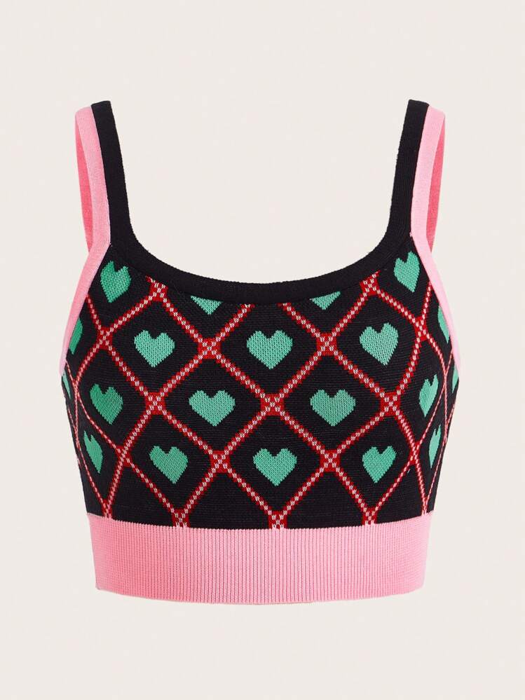 SHEIN Qutie הדפס לב ומשובץ טופ סרוג קצר - ריבוי צבעים - ראה 1