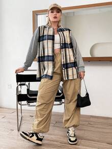 Flirla Plus Plaid Print Drawstring Hooded Coat - Multicolor - View 4