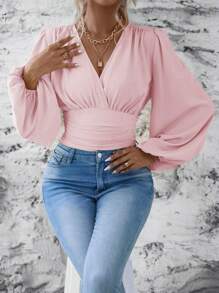 EMERY ROSE Women's Solid Color Overlap V-Neck Lantern Sleeve Pleated Fashion Blouse - Pink - View 6