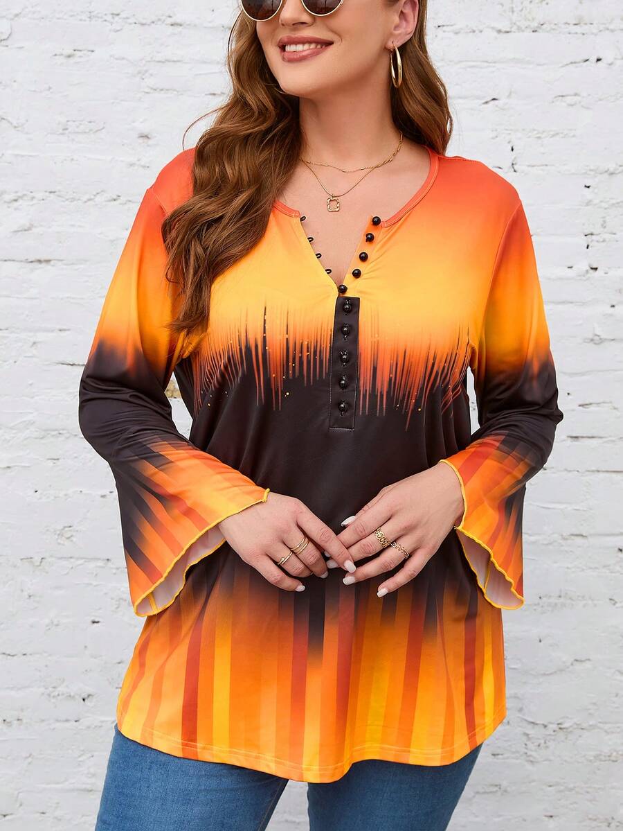 Plus Brush Print Flare Sleeve Tee - Multicolor - View 1