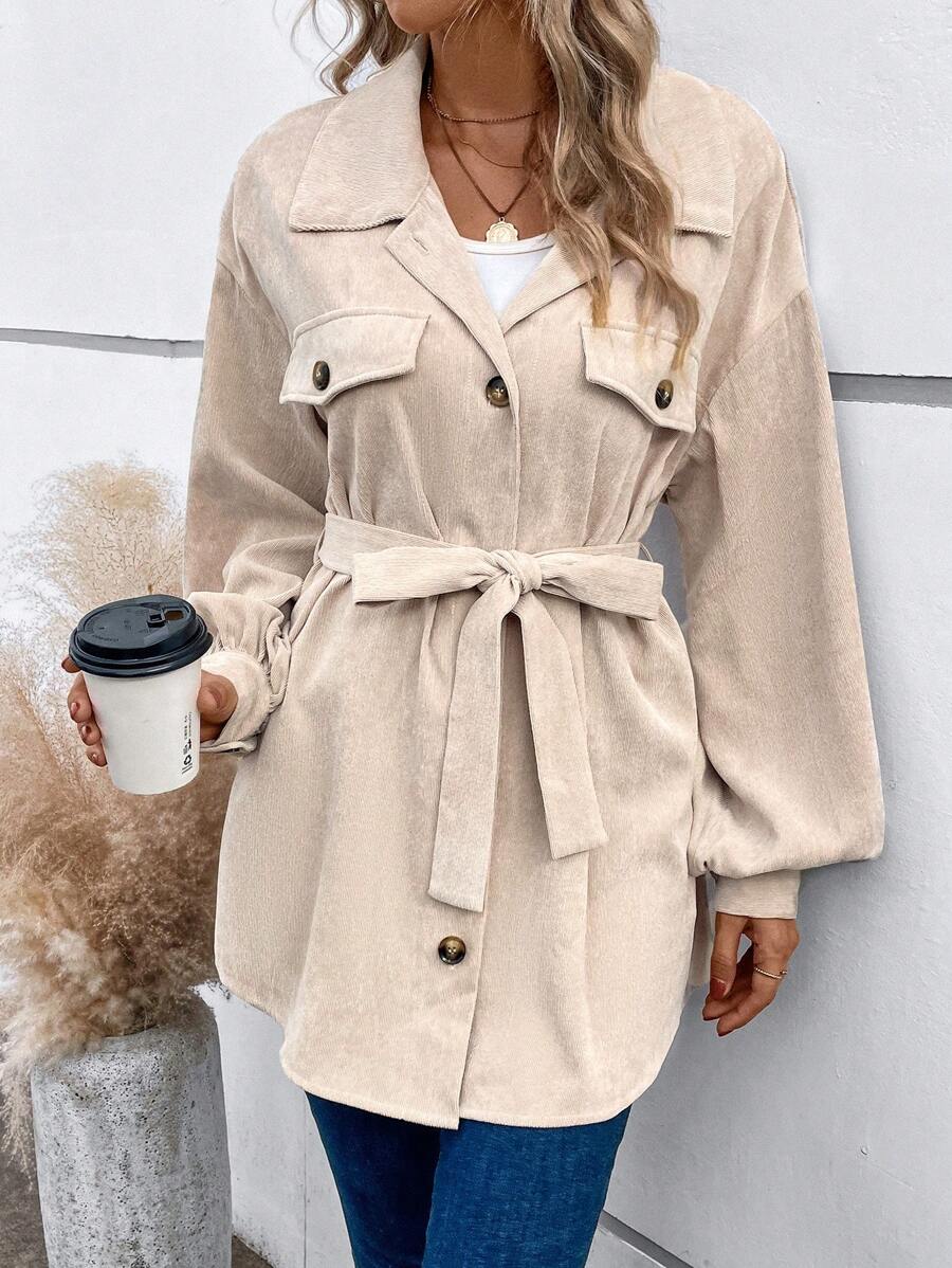 SHEIN Frenchy 翻蓋細節落肩袖腰帶燈芯絨大衣 - 杏色 - 查看 1