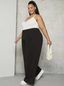 SHEIN CURVE+ 大碼素色闊腿褲 - 黑色 - 查看 7