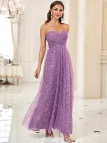 SHEIN Belle Contrast Lace Mesh Tube Formal Dress - Purple - View 3