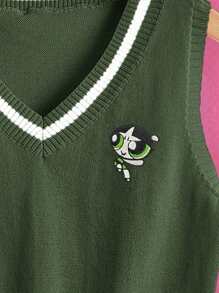 The Powerpuff Girls | ROMWE Chaleco De Suéter Con Patrón De Dibujos Animados De Bordado Y Ribeteado De Contraste - Verde militar - Ver 3