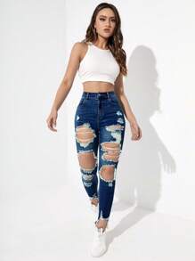 Jeanoix Ripped Raw Hem Skinny Jeans Ripped Jeans - Dark Wash - View 3