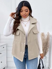 SHEIN Unity Chaleco acolchado de talla grande con doble botonadura y bolsillo con solapa, ropa de invierno - Caqui - Ver 3