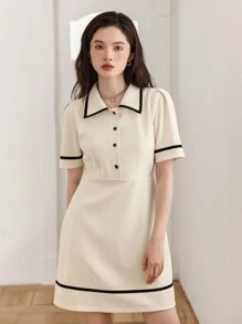 DAZY Contrast Binding Puff Sleeve Shirt Dress - White - View 7