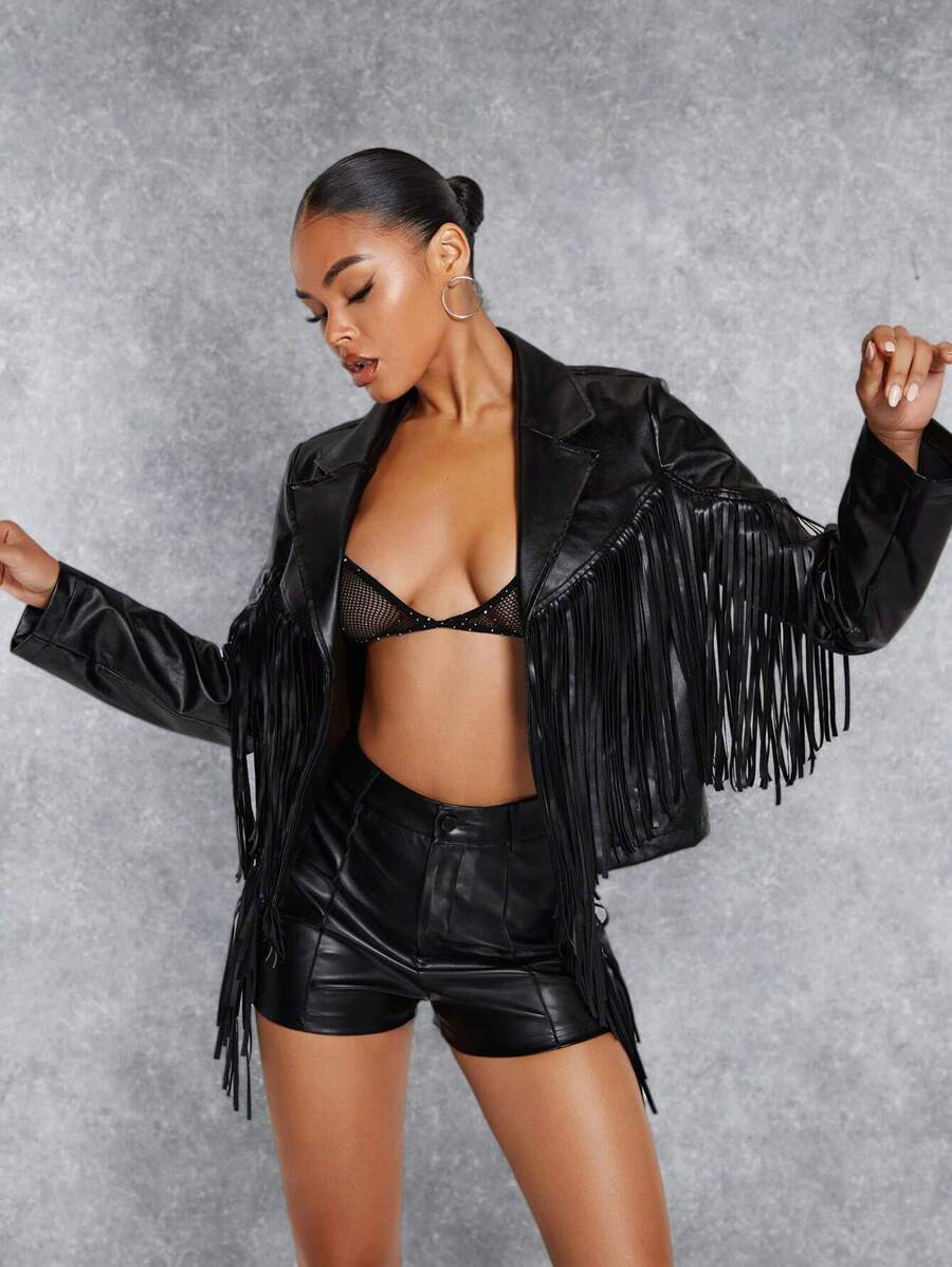 SHEIN BAE Viền rìa chất liệu da PU Áo khoác - màu đen - Xem 1