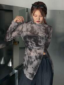 DAZY 扎染开叉下摆网眼上衣（不含吊带背心）外出上衣长袖女式上衣 - 灰色 - 查看 5