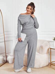 SHEIN Essnce 大碼不對稱領下擺開叉T恤&闊腿褲 - 淺灰色 - 查看 6