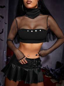 SHEIN ICON Cổ cao mỏng Lưới Yoke Top Cây trồng - màu đen - Xem 4