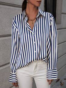 SHEIN Clasi Striped Print Drop Shoulder Shirt - Blue and White - View 4