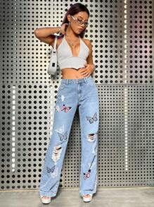 SHEIN ICON Butterfly Print Ripped Straight Leg Jeans - Medium Wash - View 5