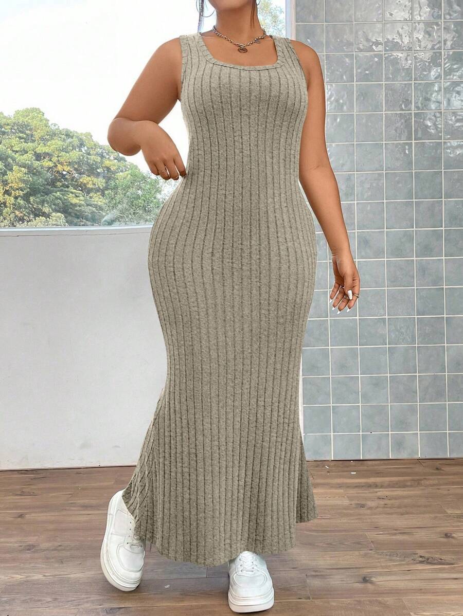 Flirla Plus Ribbed Knit Mermaid Hem Tank Dress - Brown - View 1