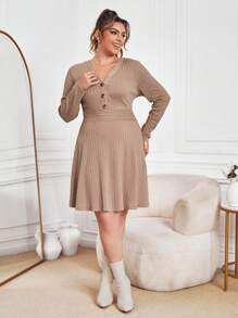 SHEIN Essnce Plus Button Front Ribbed Knit A-line Dress - Khaki - View 4