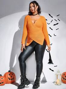 Flirla 万圣节镂空交叉不对称下摆针织套头衫秋冬毛衣 - 橘色 - 查看 6