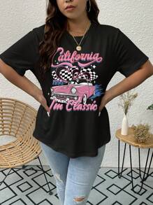 SHEIN EZwear Talla grande Camiseta con estampado de coche y letra - Negro - Ver 7