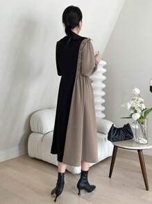 DAZY Two Tone Round Neck Dress - Black - View 2