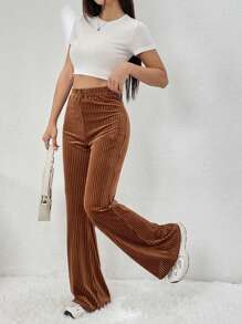 SHEIN EZwear Solid Flare Leg Pants - Brown - View 4