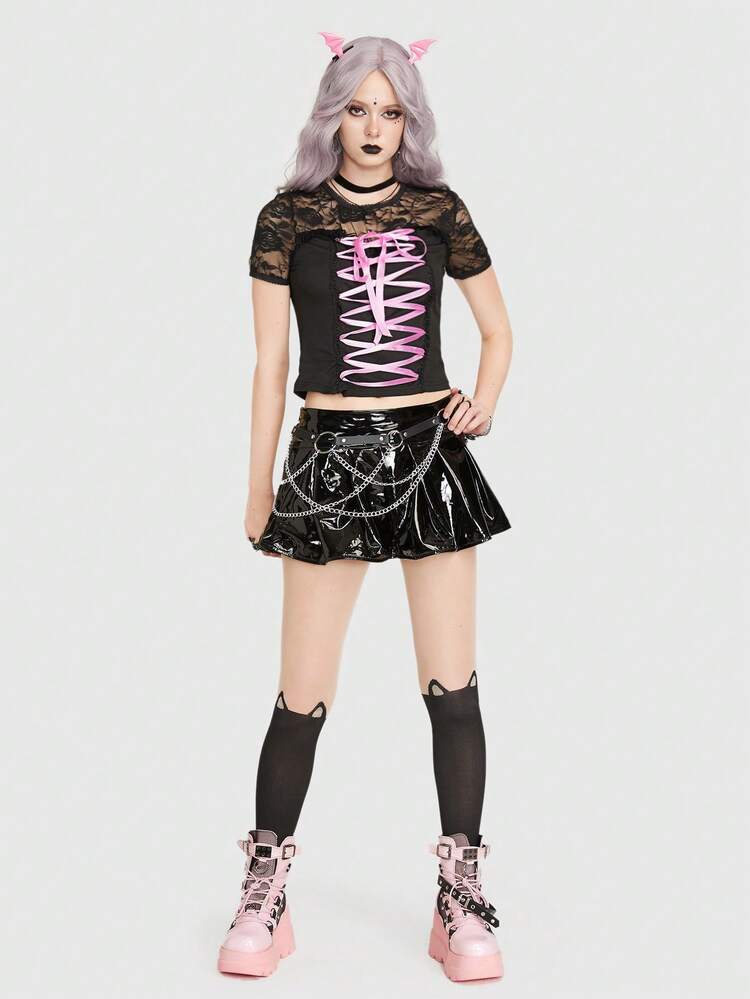 Lace Up Front Contrast Lace Crop Top